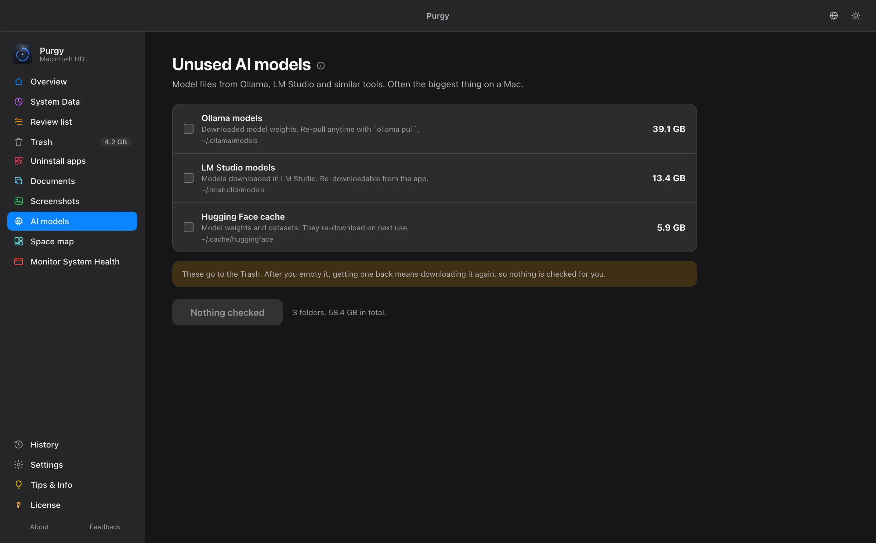 AI models screen listing Ollama, LM Studio and Hugging Face models with the size of each, none selected