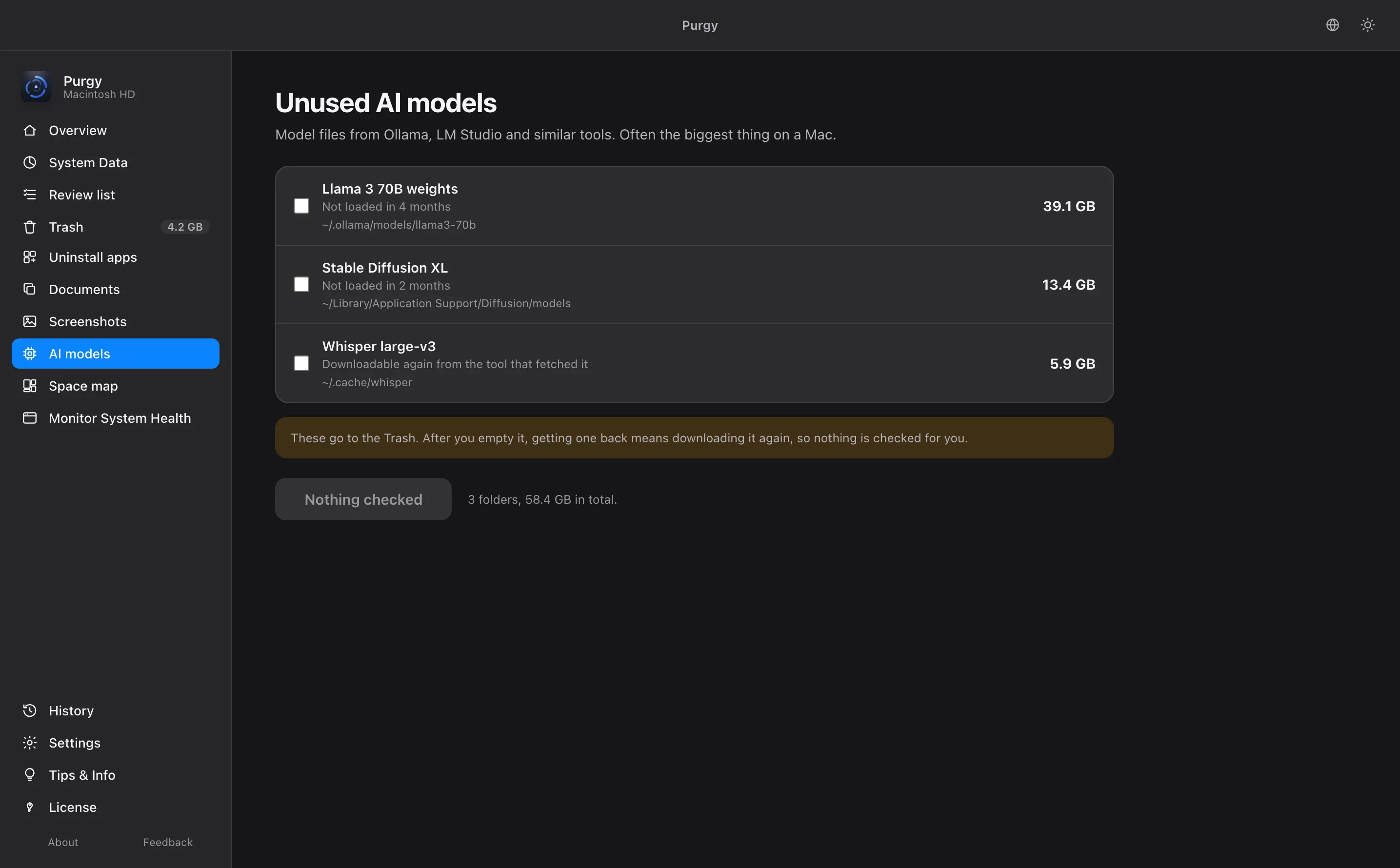 AI models screen listing downloaded model files with their size and how long since each was used