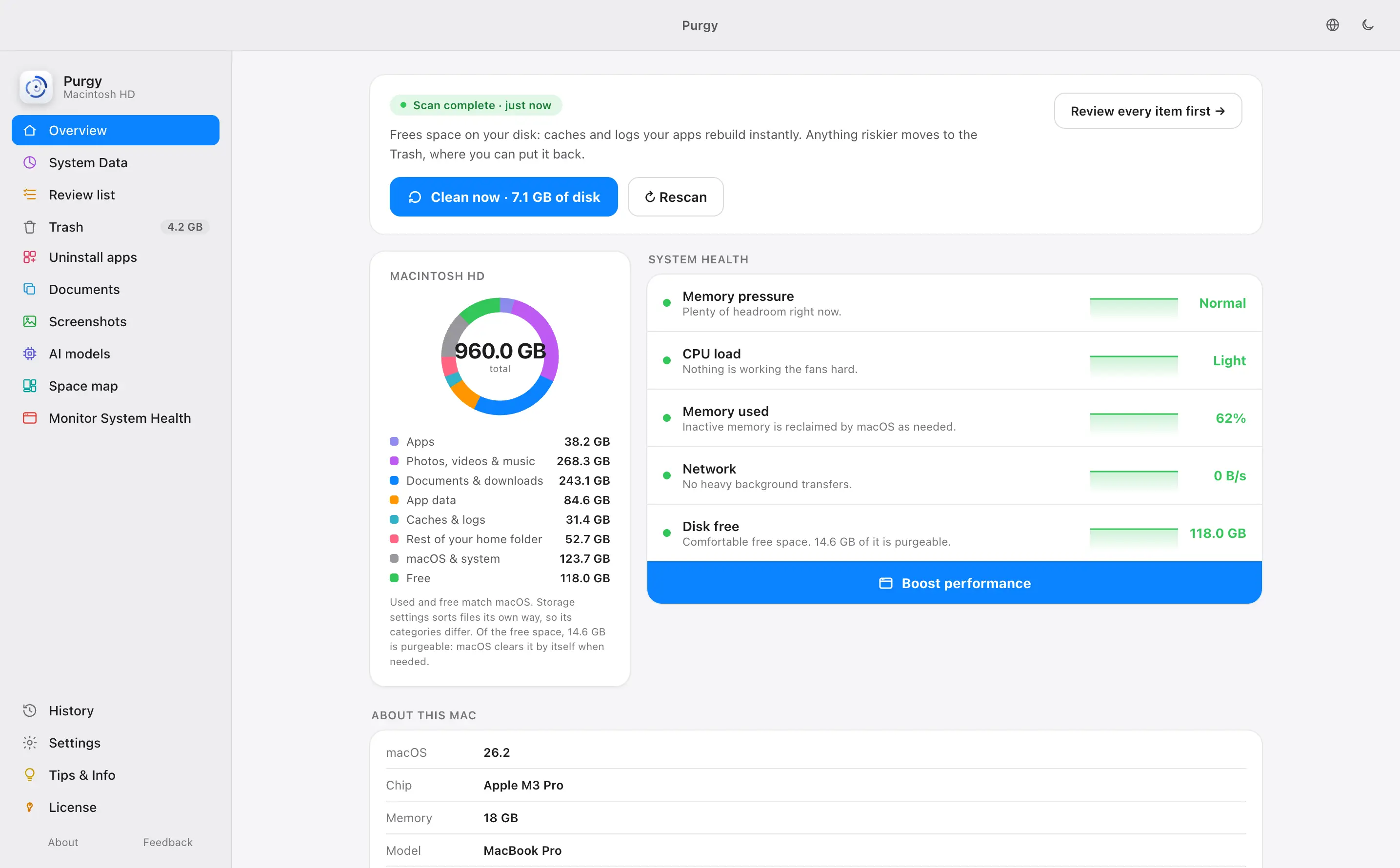 Purgy's Overview in light mode with the blue accent colour