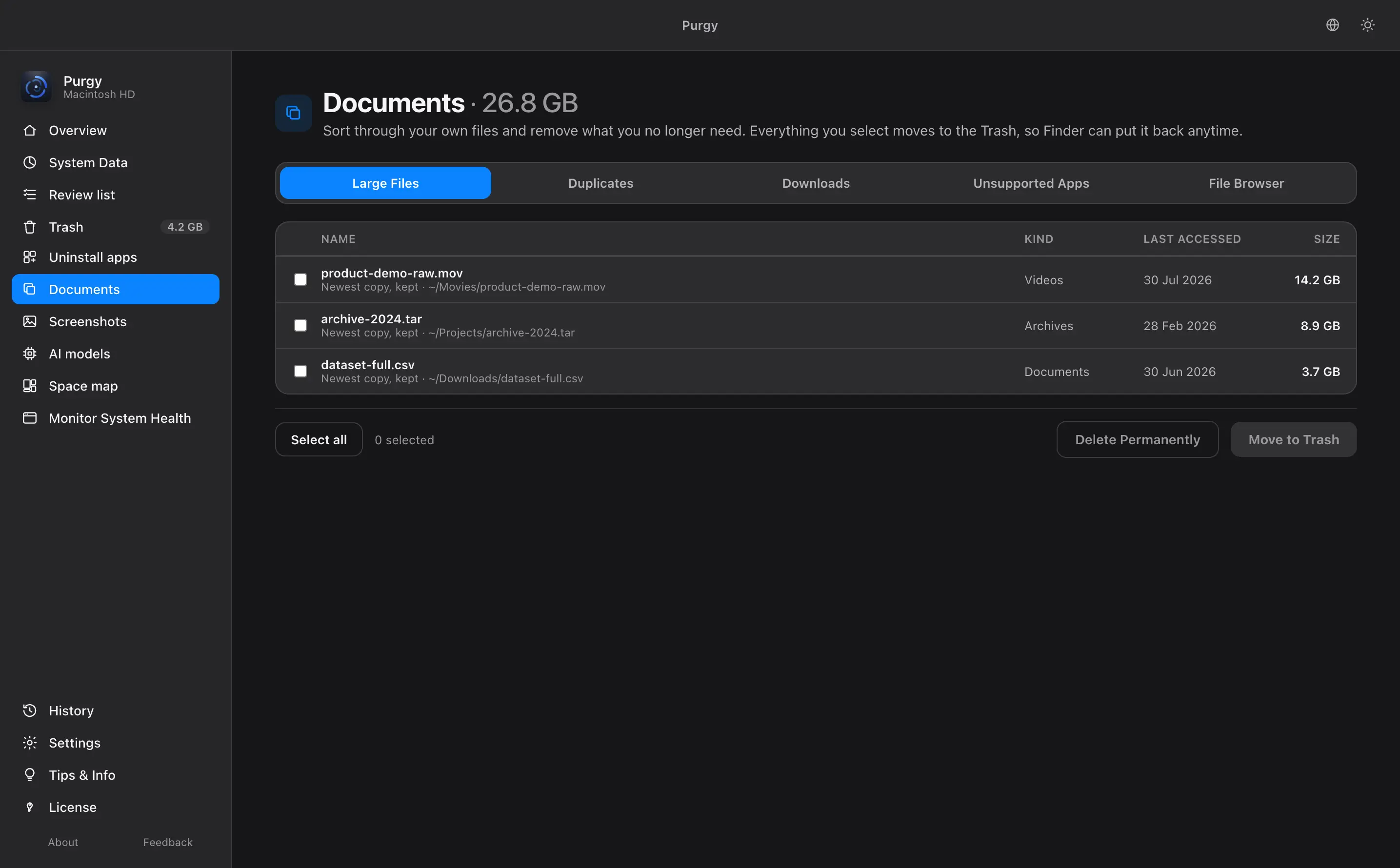 Documents screen showing large files, duplicates and downloads