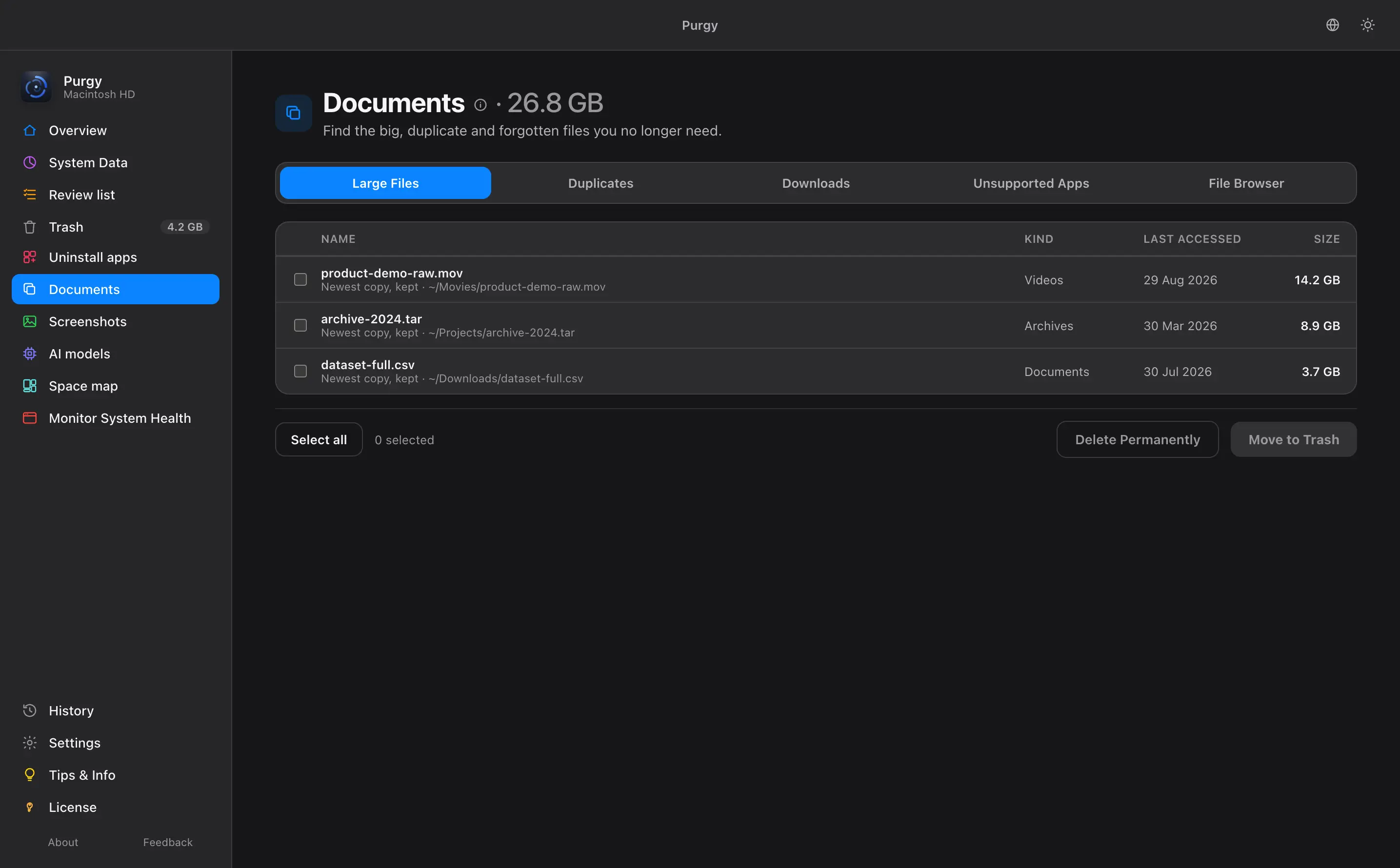 Documents screen showing large files, duplicates and downloads