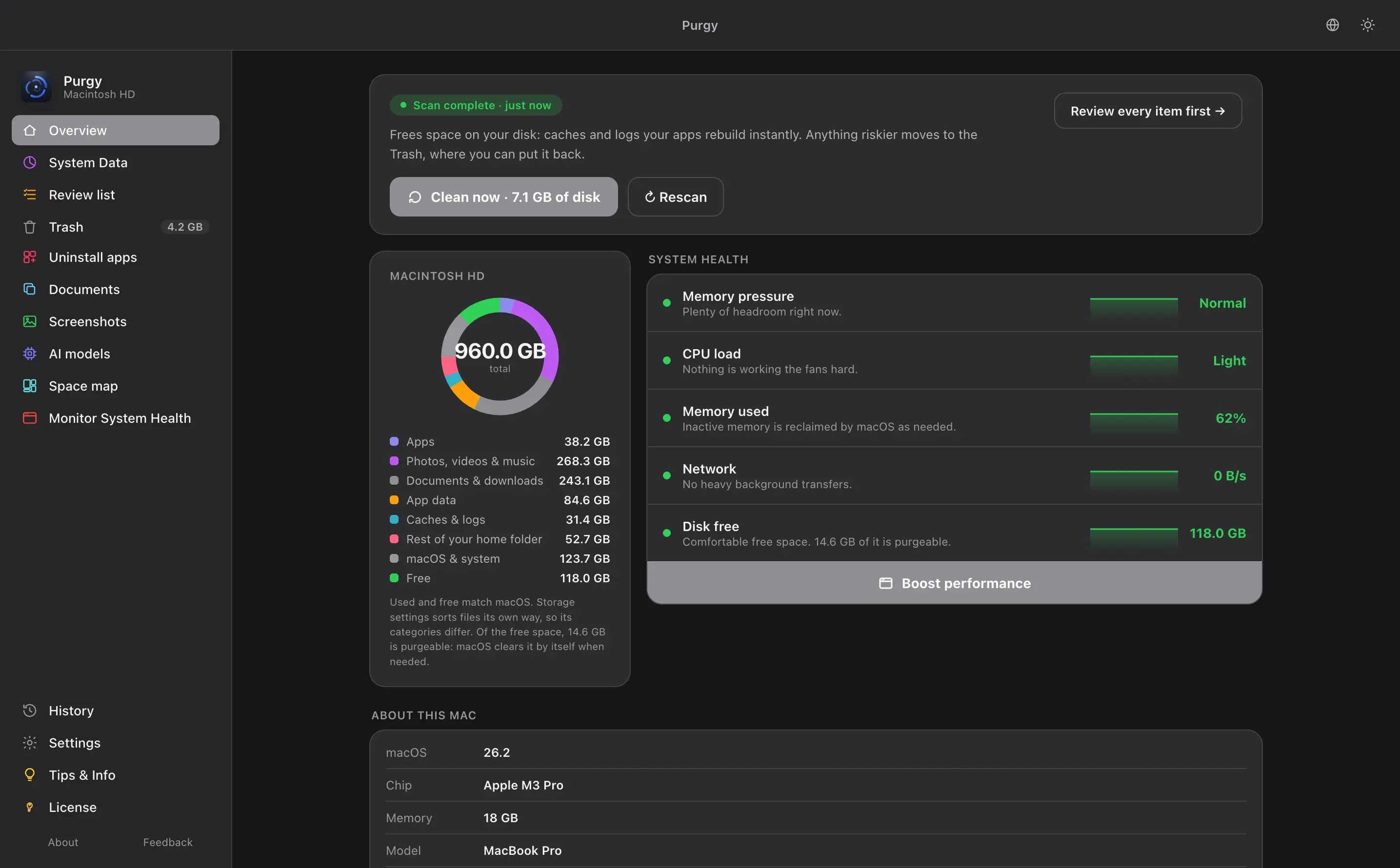 Purgy's Overview in dark mode with the graphite accent colour