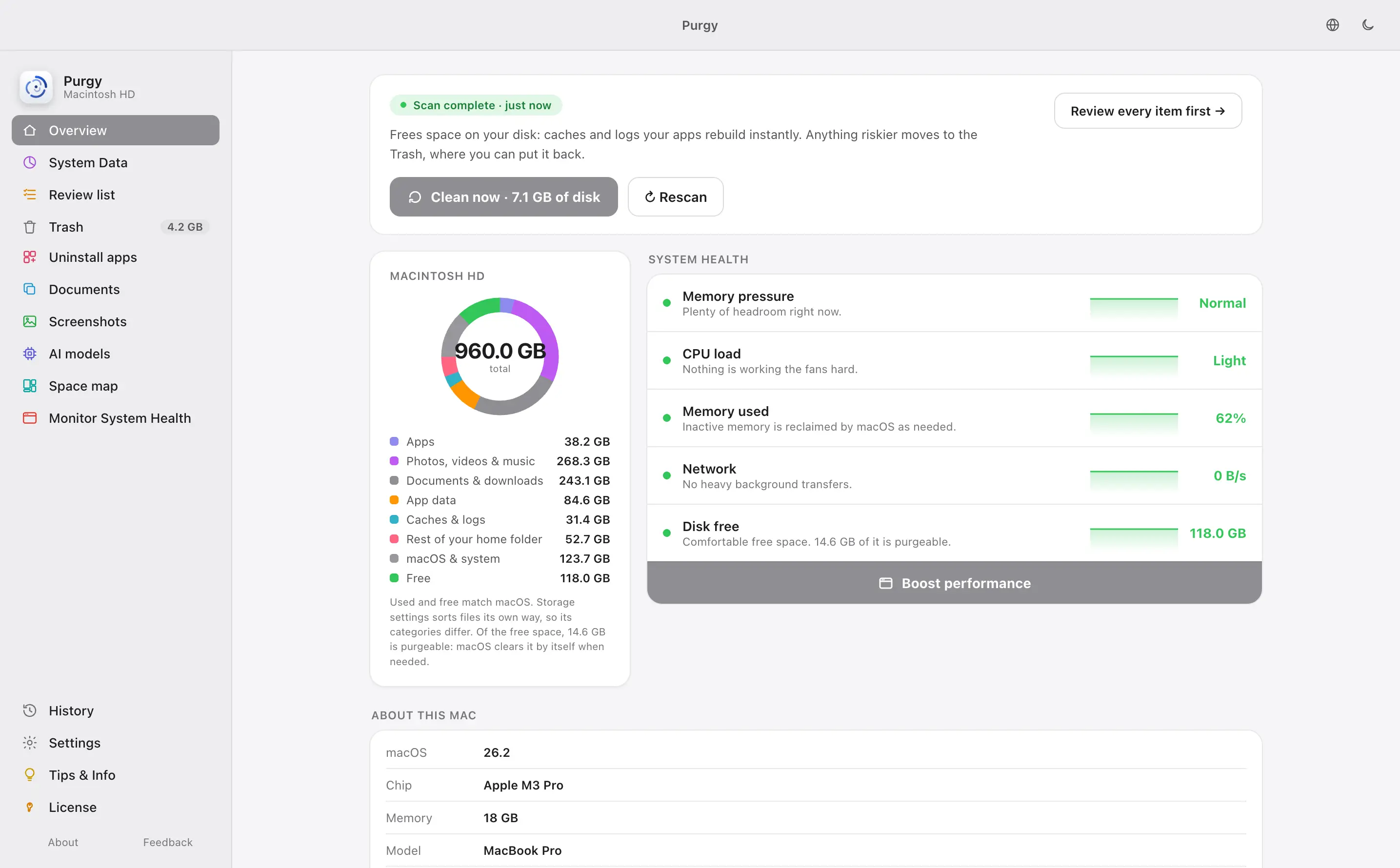 Purgy's Overview in light mode with the graphite accent colour