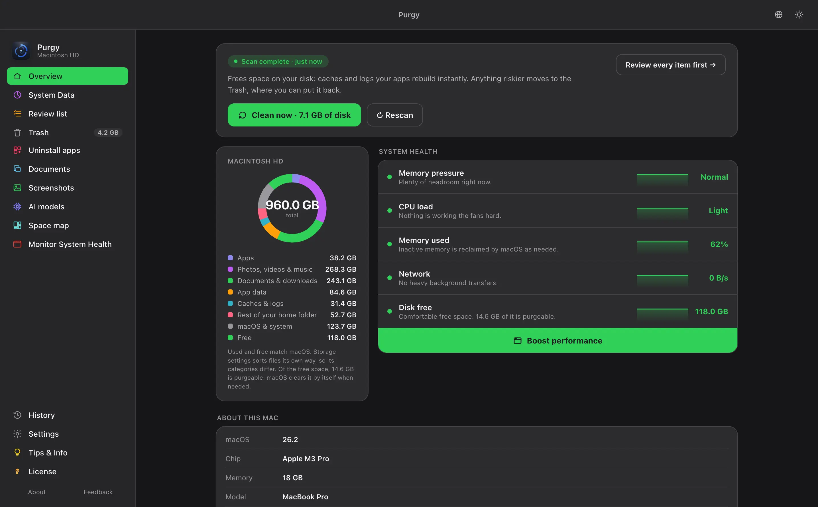 Purgy's Overview in dark mode with the green accent colour