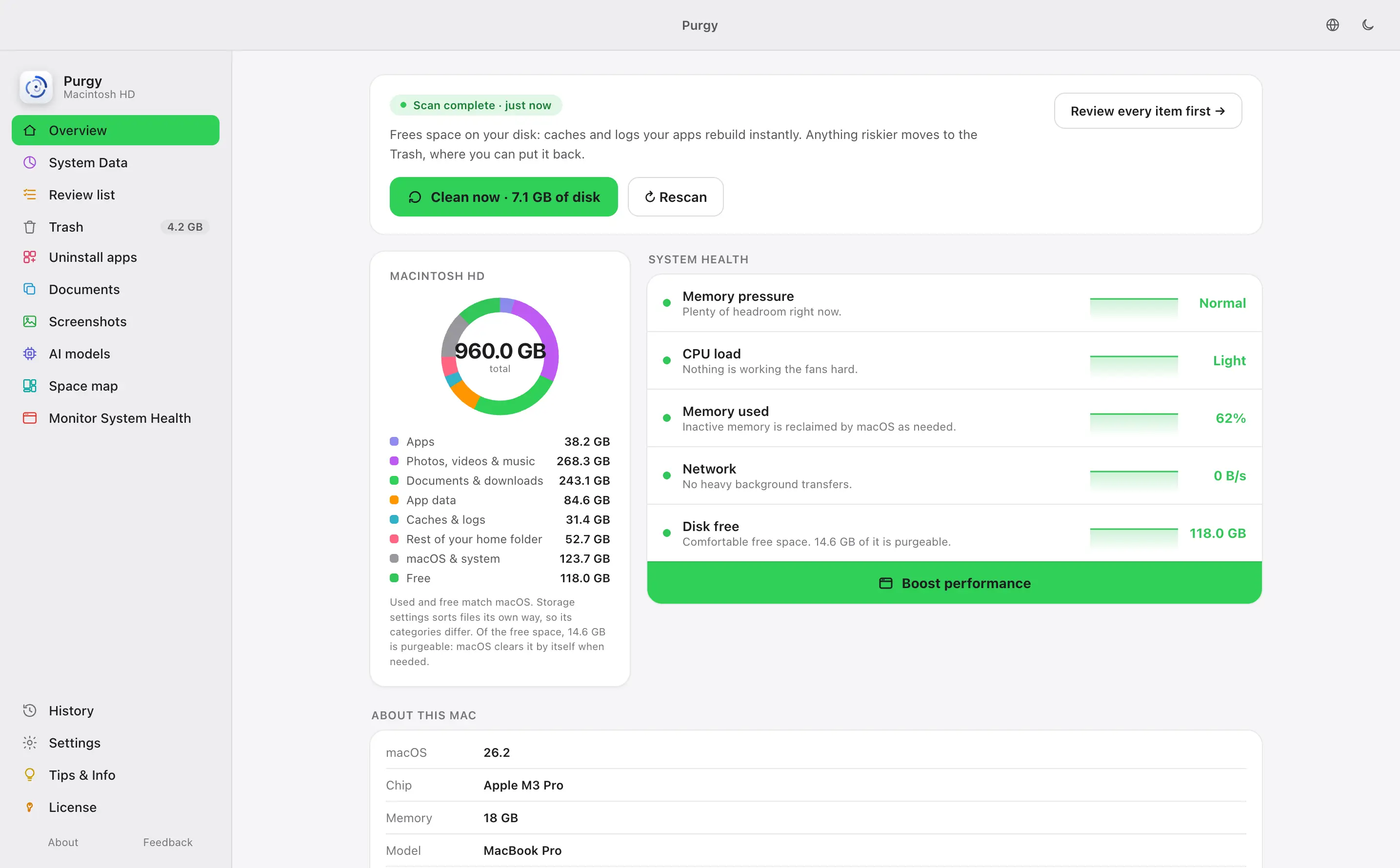 Purgy's Overview in light mode with the green accent colour