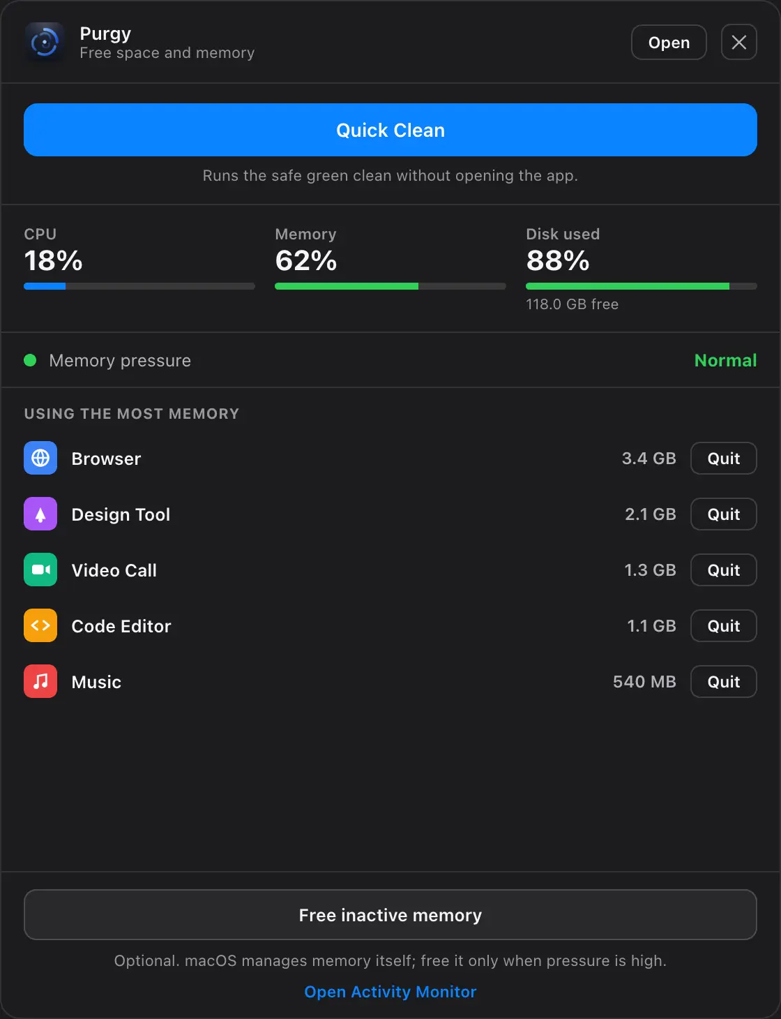 Menu bar popover with quick clean, CPU and memory readings and top processes