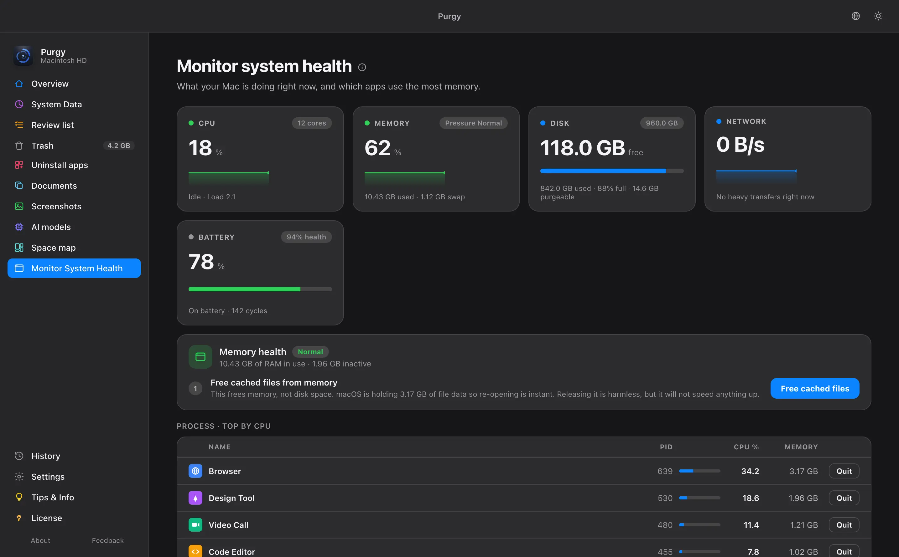 System health showing CPU, memory, disk, network, battery and the top processes