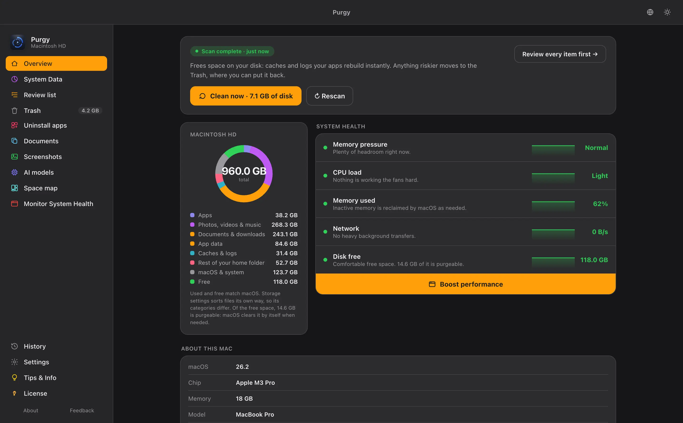 Purgy's Overview in dark mode with the orange accent colour