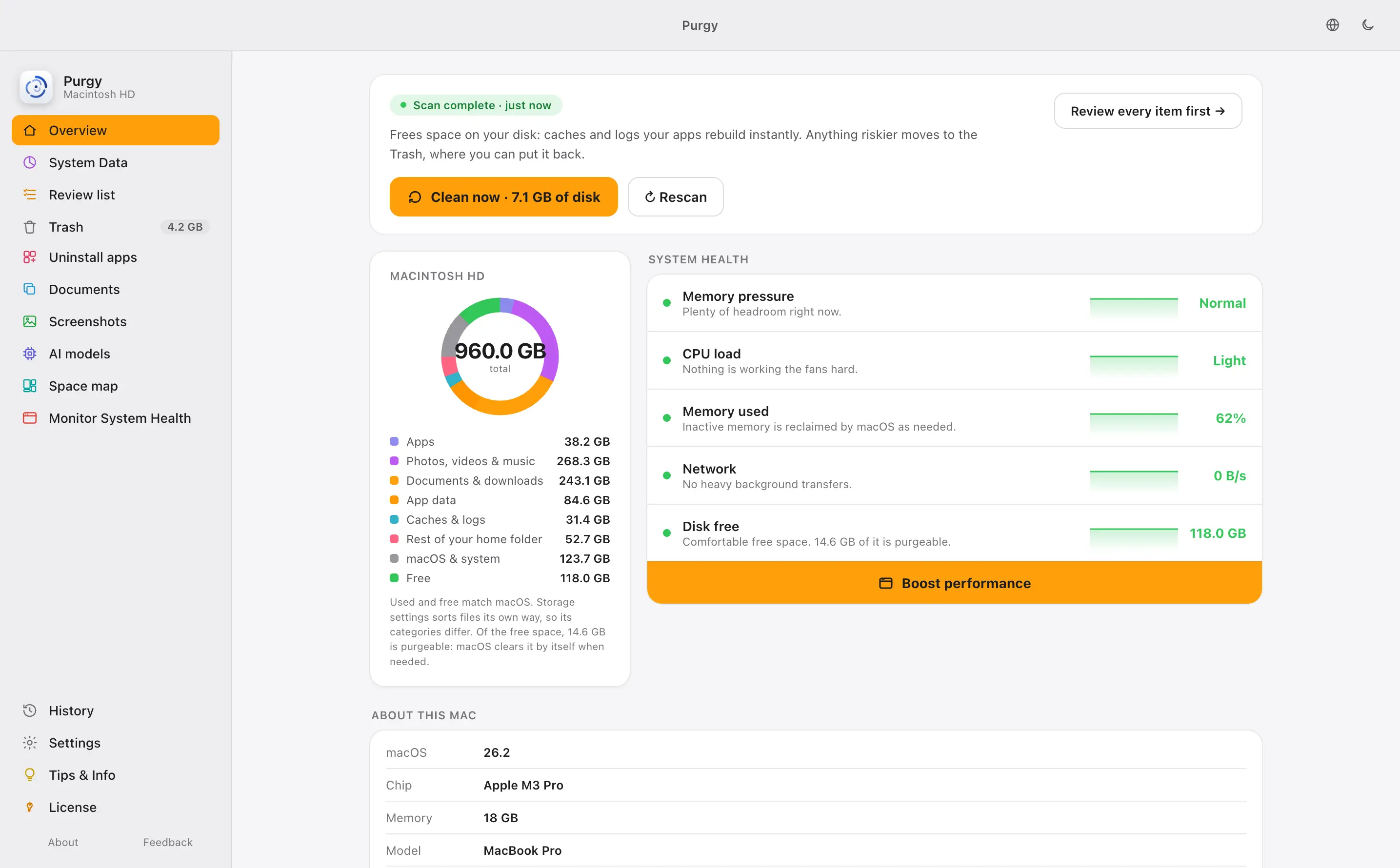 Purgy's Overview in light mode with the orange accent colour