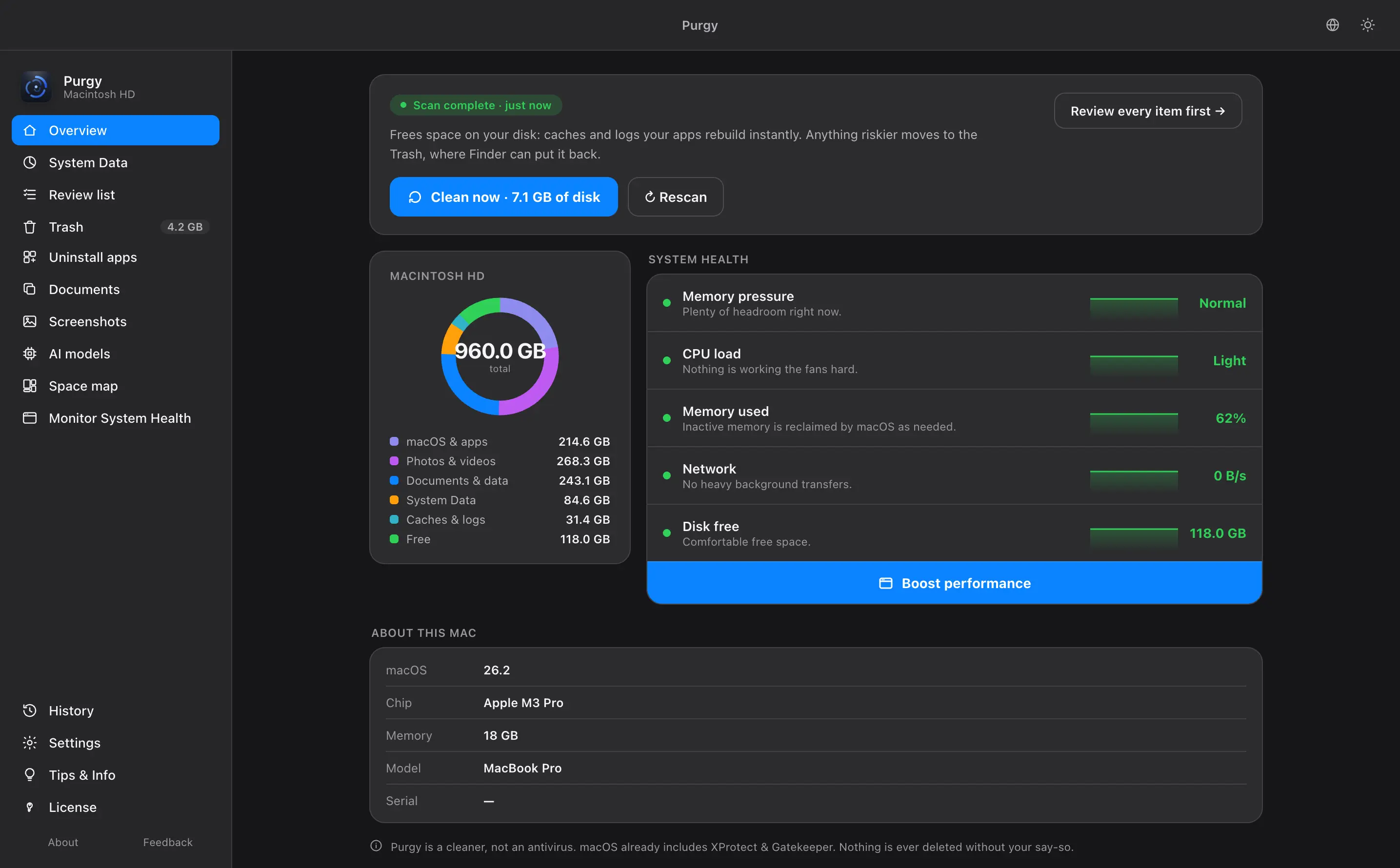 Purgy overview screen after a scan, showing the storage breakdown and system health