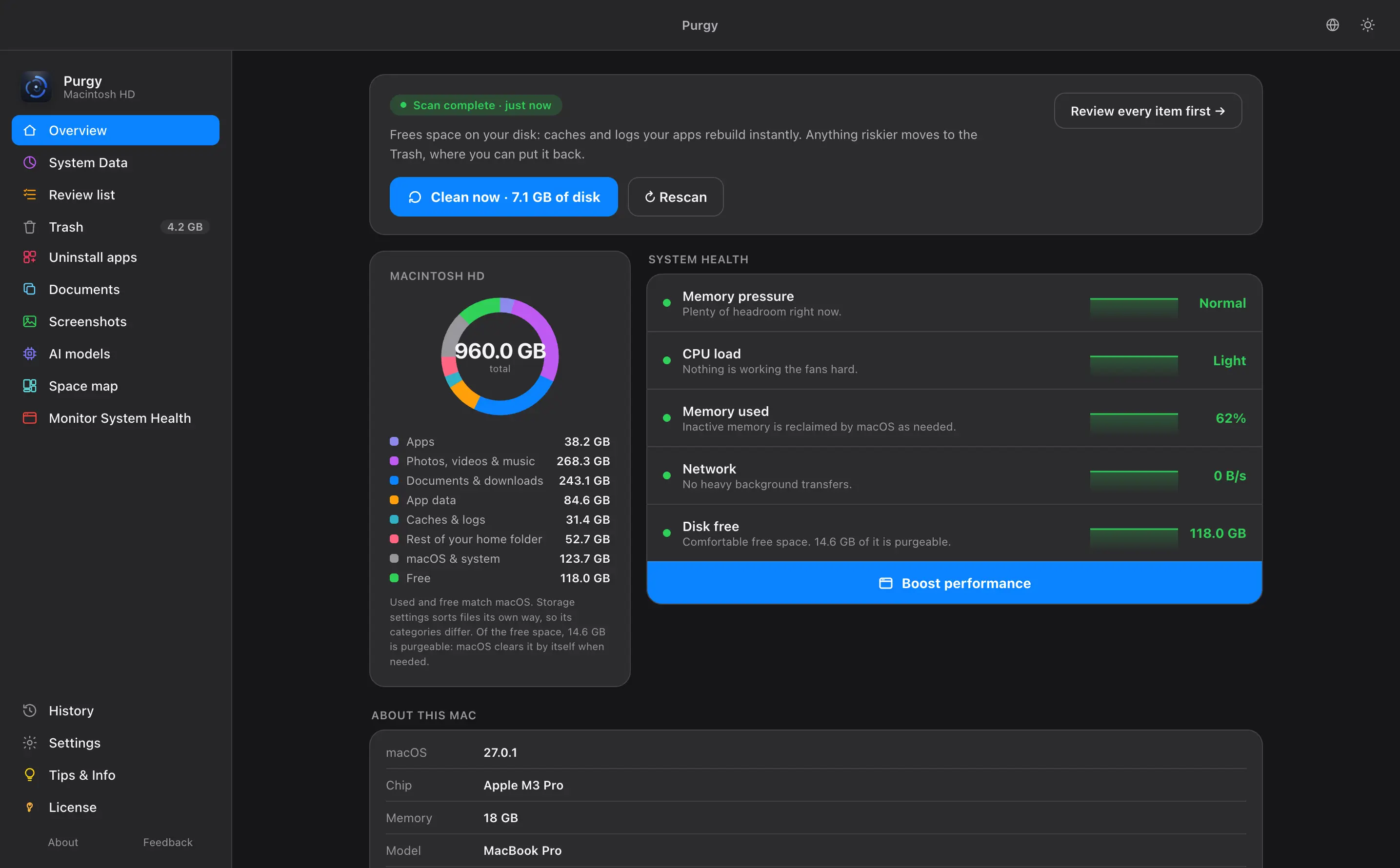 Purgy overview screen after a scan, showing the storage breakdown and system health