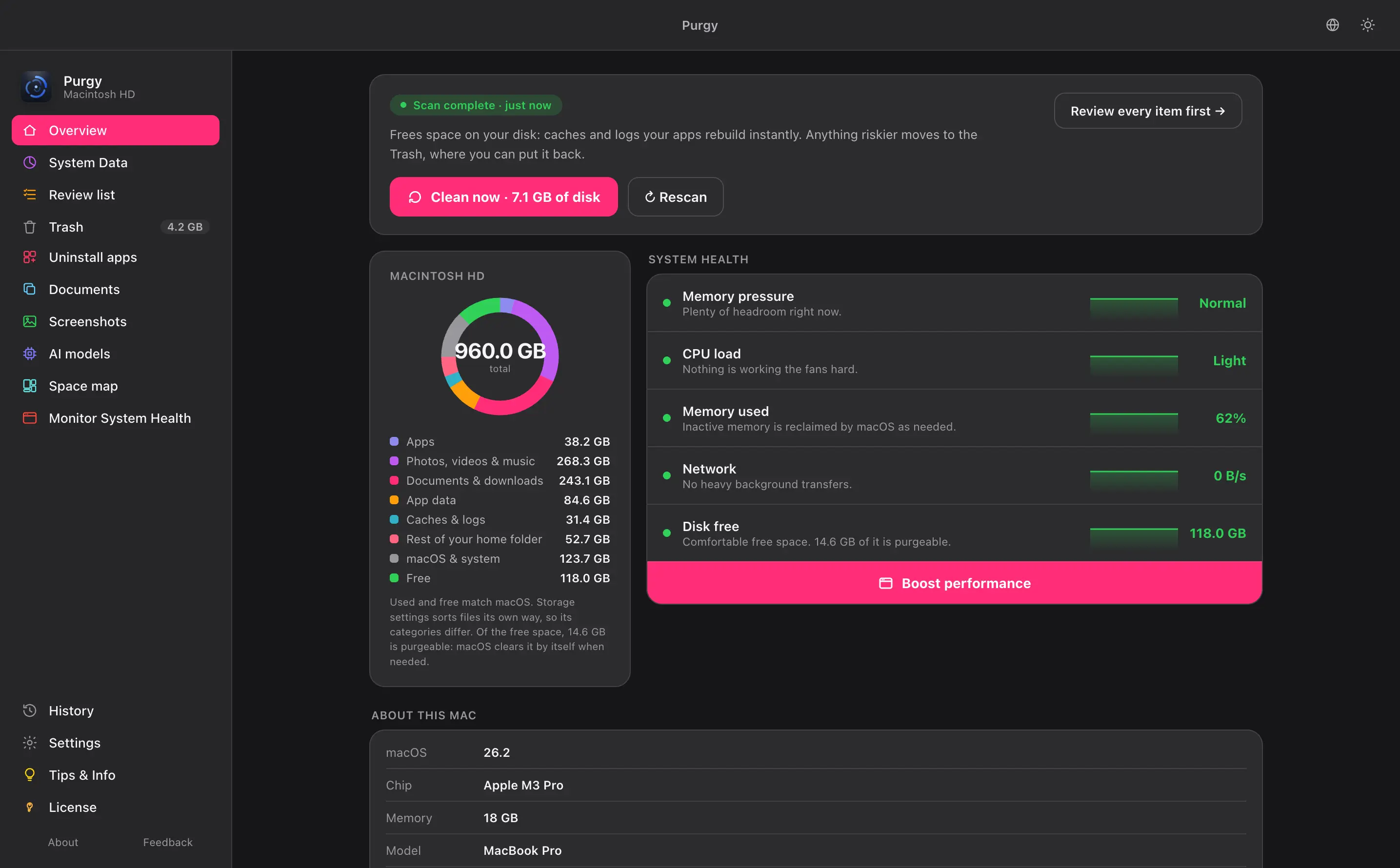 Purgy's Overview in dark mode with the pink accent colour
