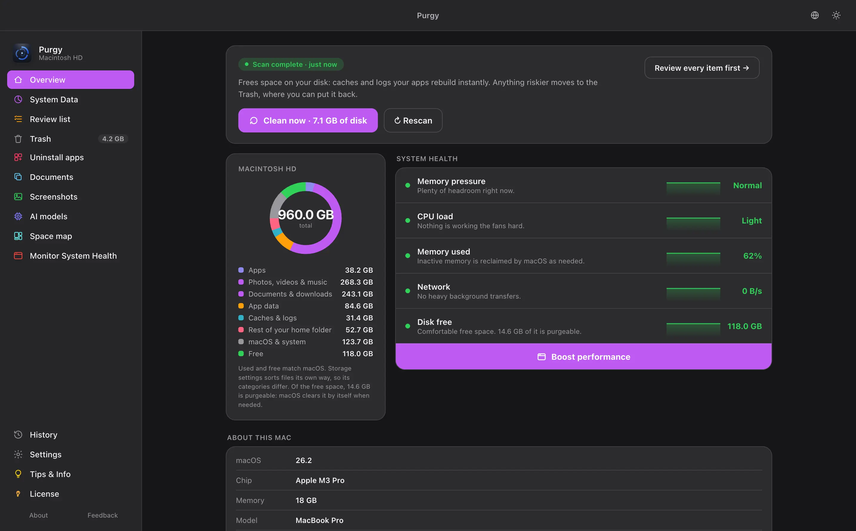 Purgy's Overview in dark mode with the purple accent colour