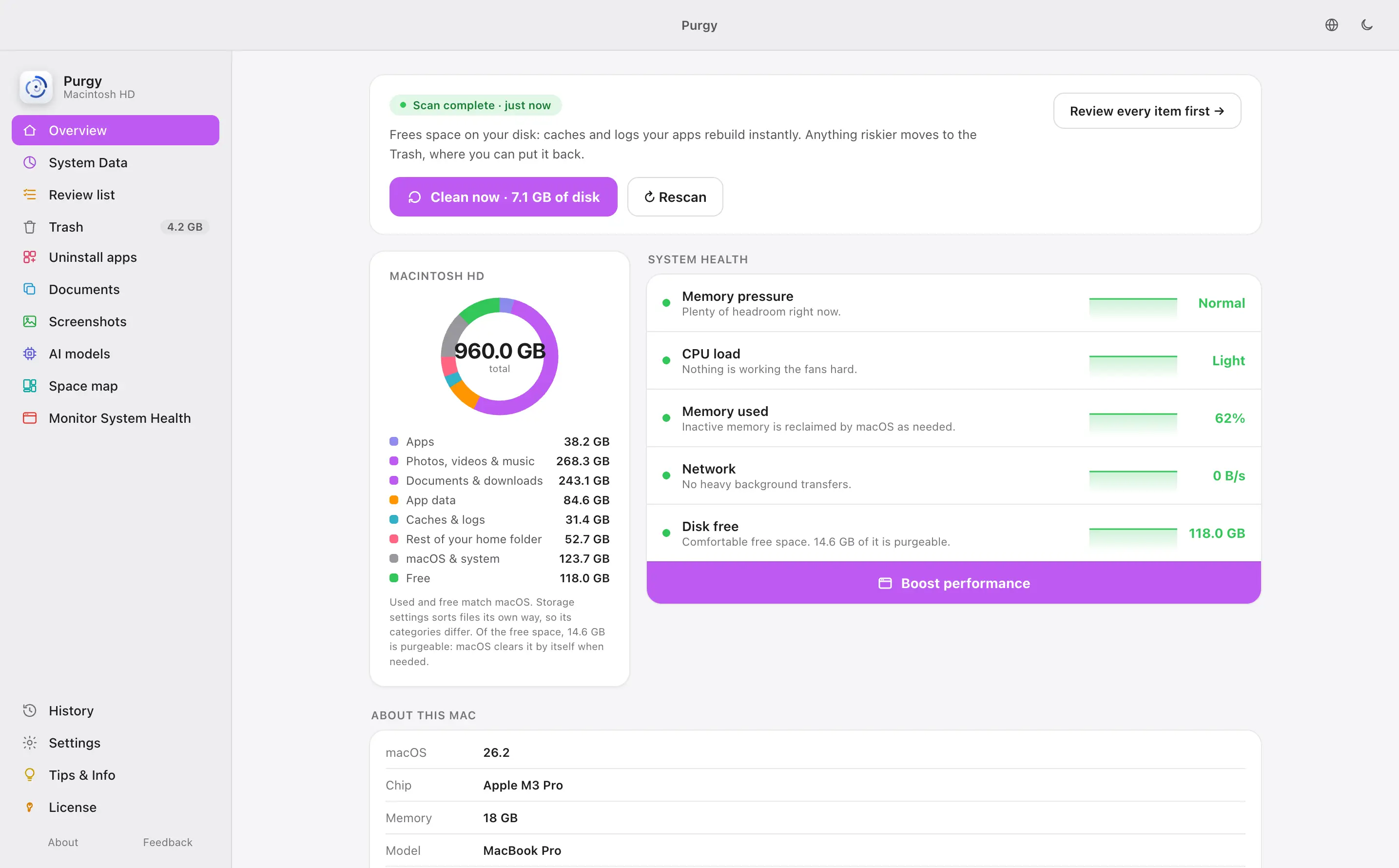Purgy's Overview in light mode with the purple accent colour