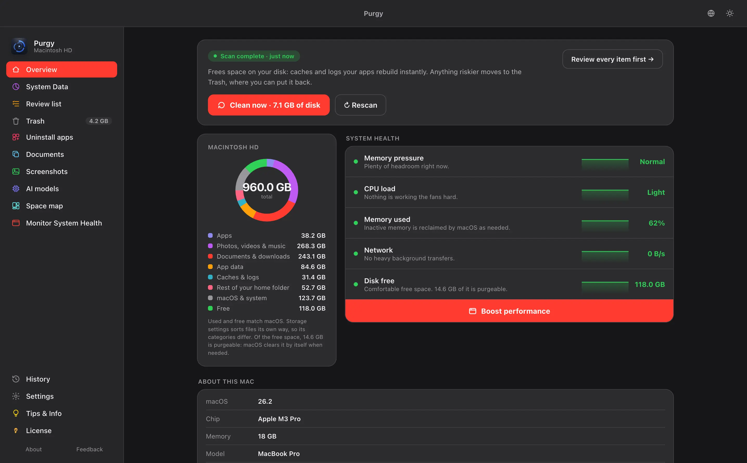 Purgy's Overview in dark mode with the red accent colour