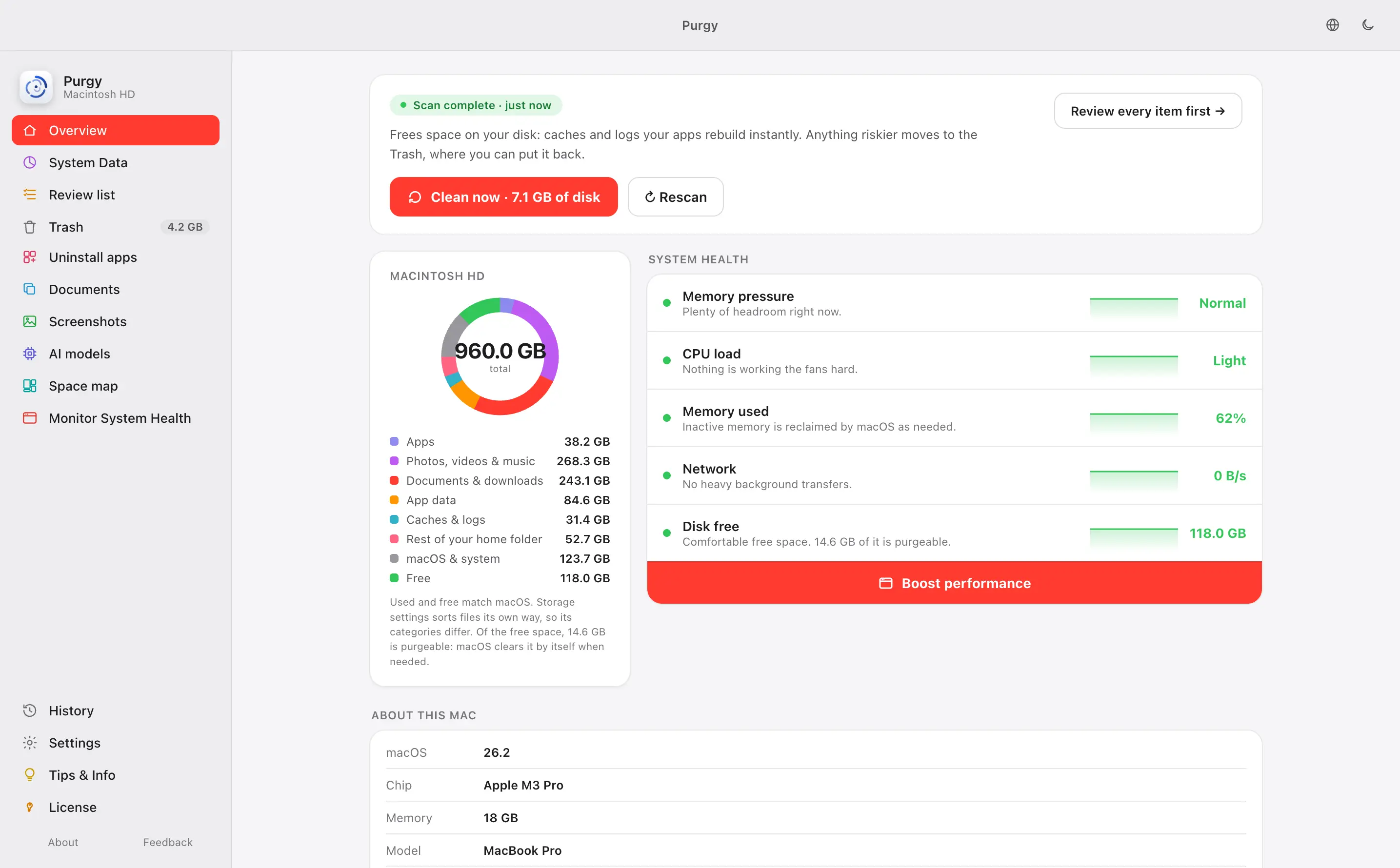 Purgy's Overview in light mode with the red accent colour