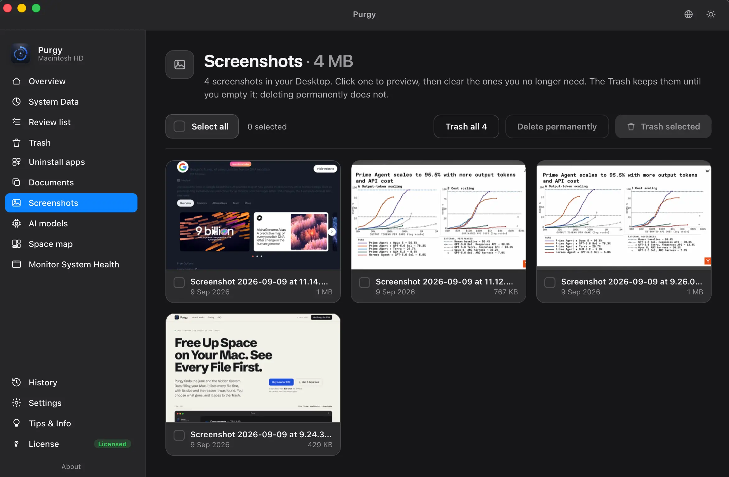 Screenshots screen listing Desktop screenshots with their sizes and dates