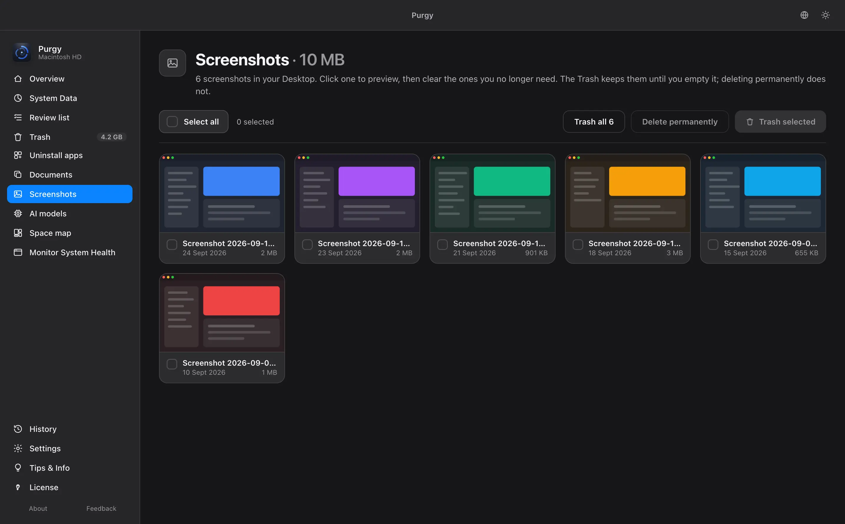 Screenshots screen listing the screenshots found on the Desktop with their size and date