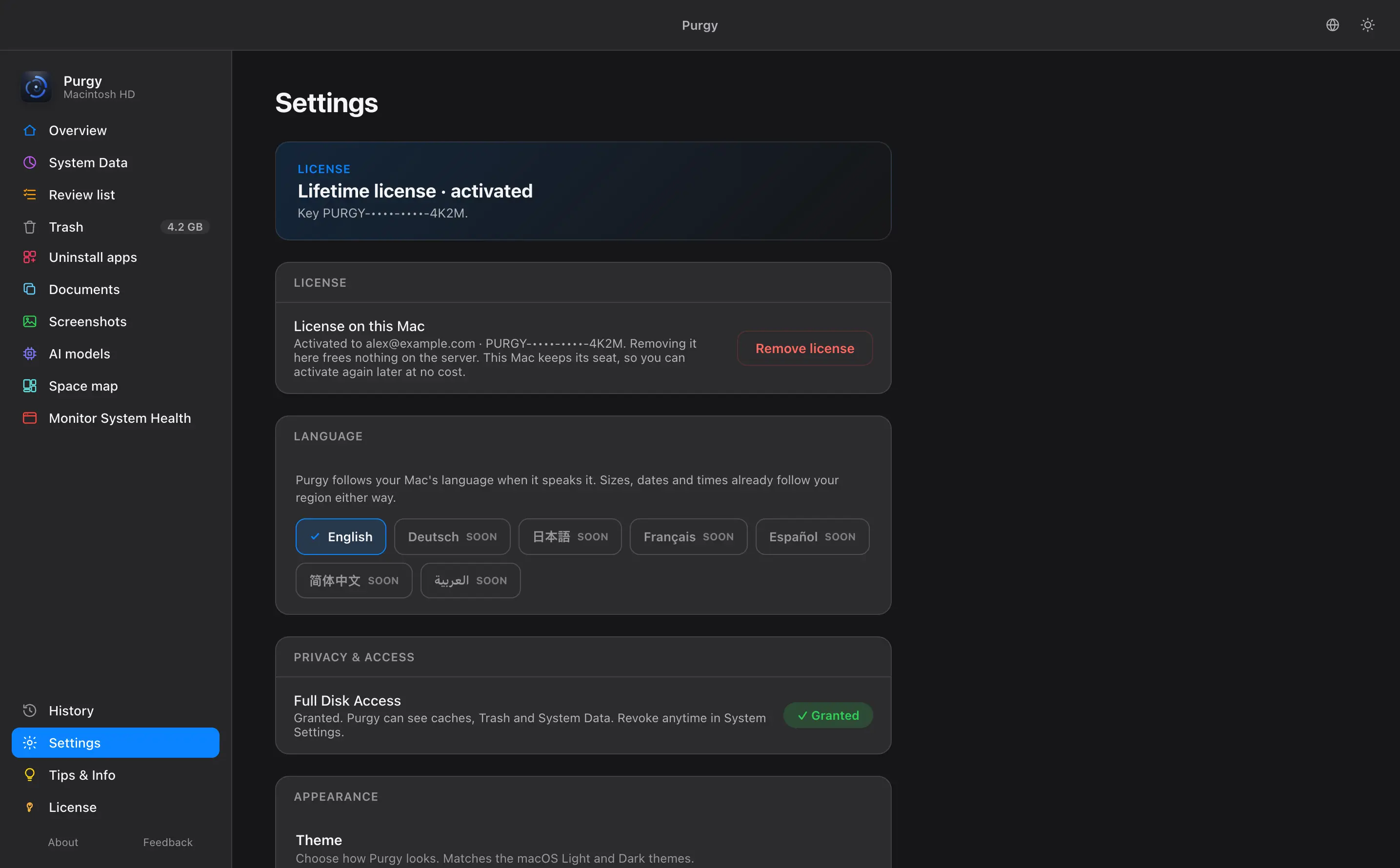 Settings screen showing protected folders, the cleaning method and Full Disk Access