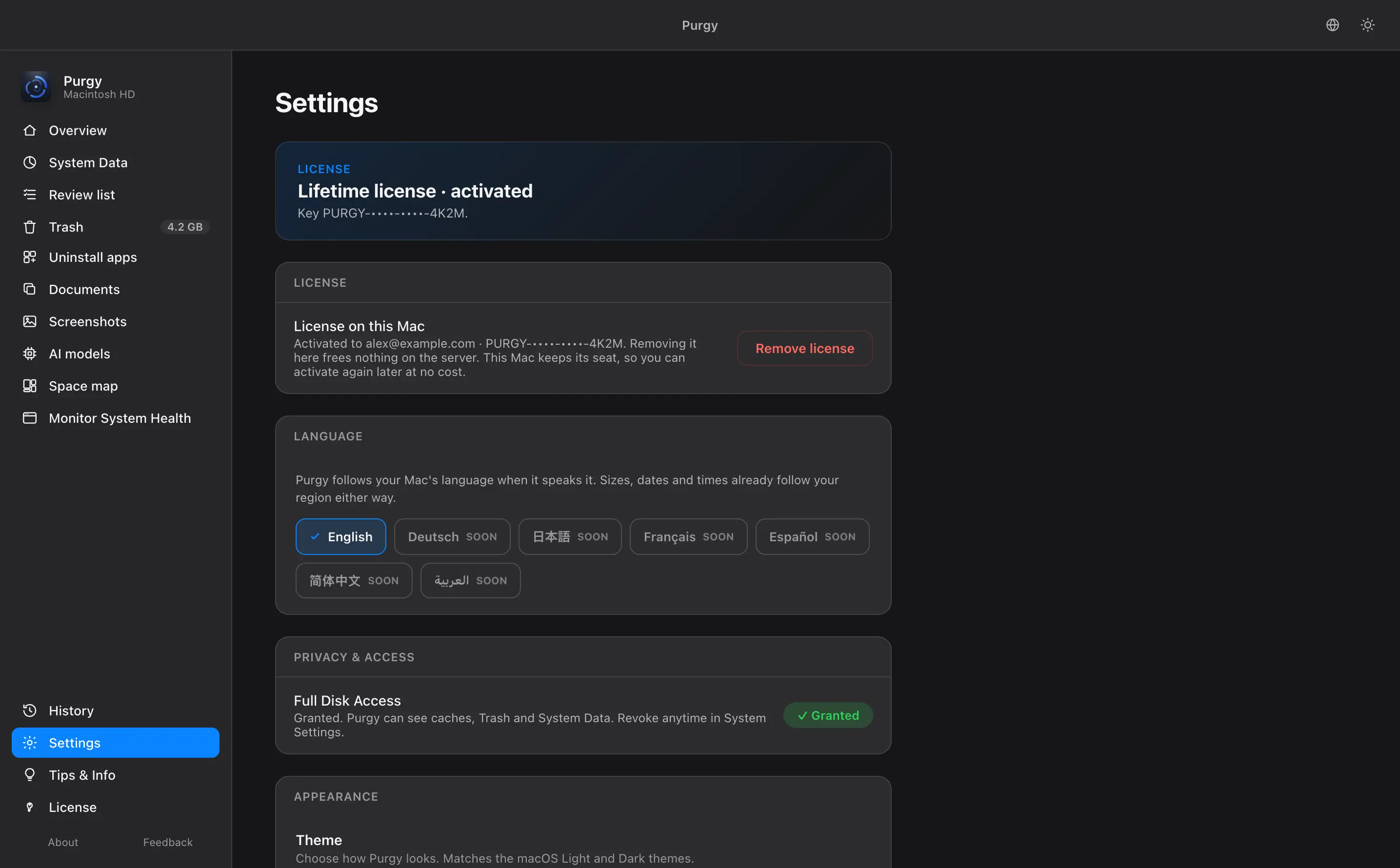 Settings screen showing protected folders, the cleaning method and Full Disk Access