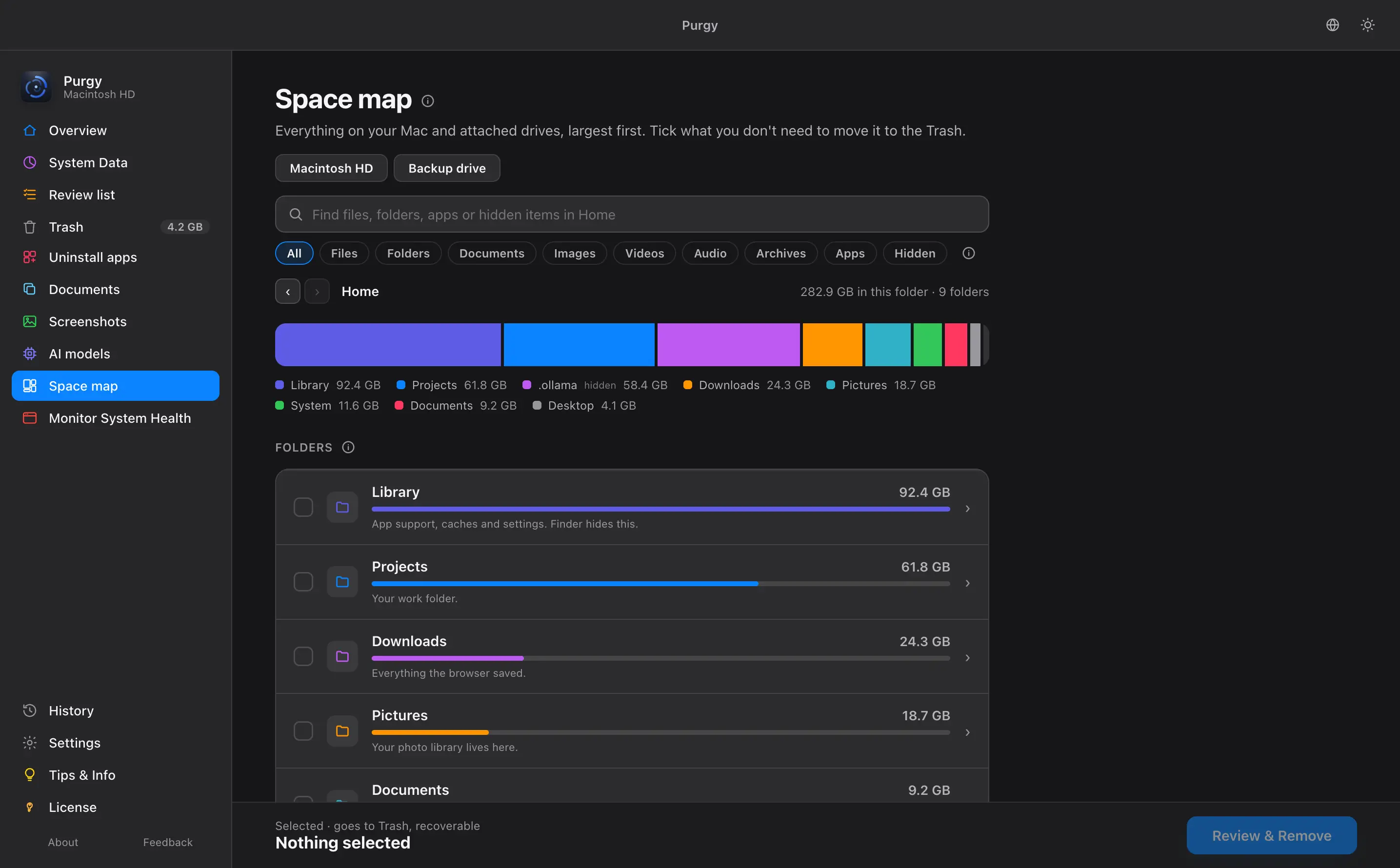 Space map listing folders largest first, with a size bar, a search box and the hidden .ollama folder marked