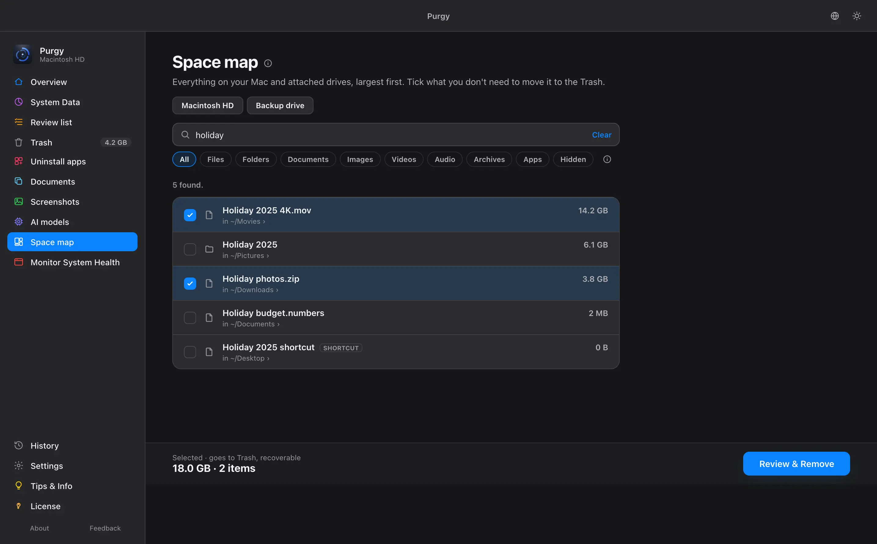 Space map search for holiday, listing a 14.2 GB video, a photo folder and a zip, with two items ticked for removal