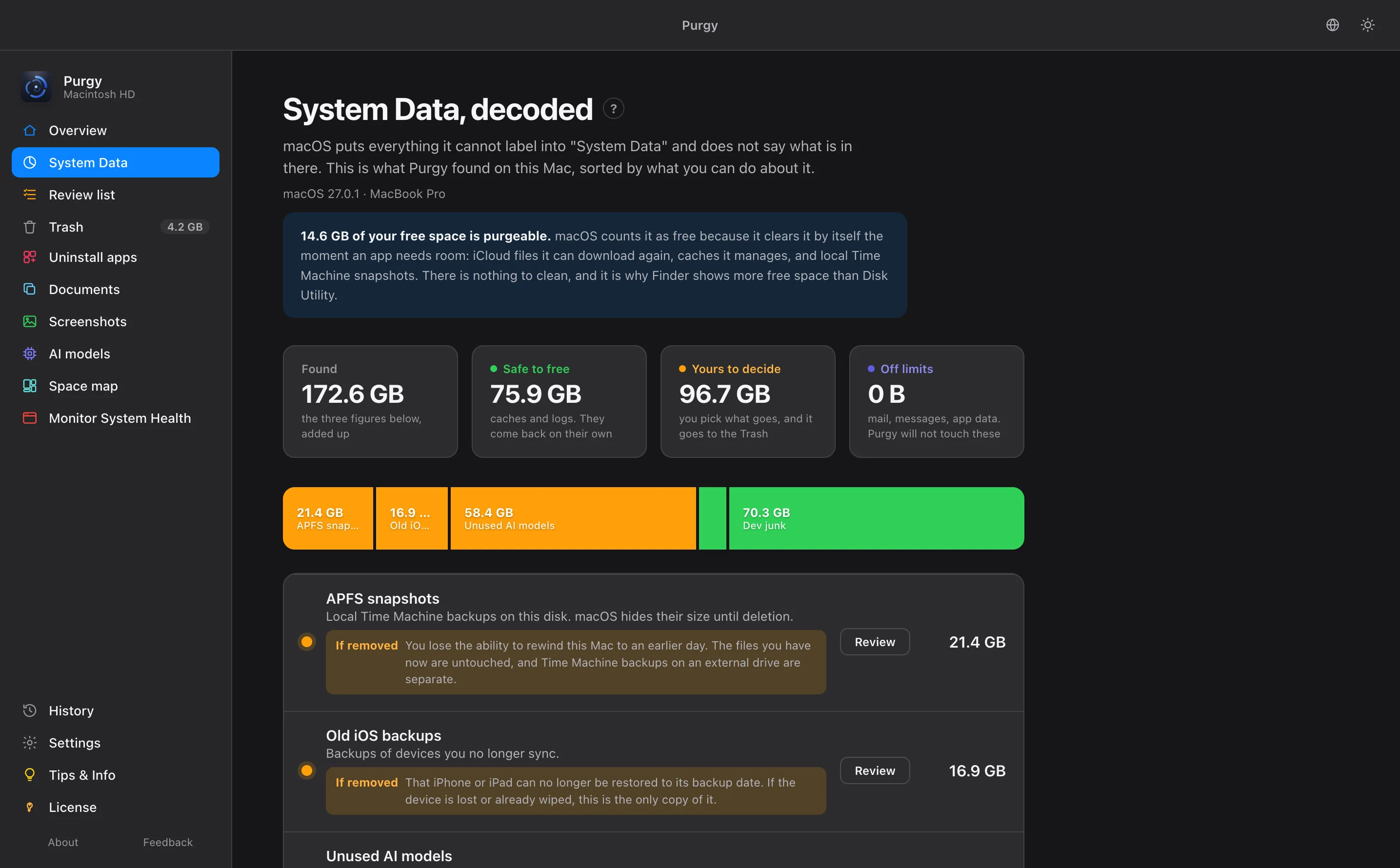 Purgy splitting System Data into safe to free, yours to decide, and off limits