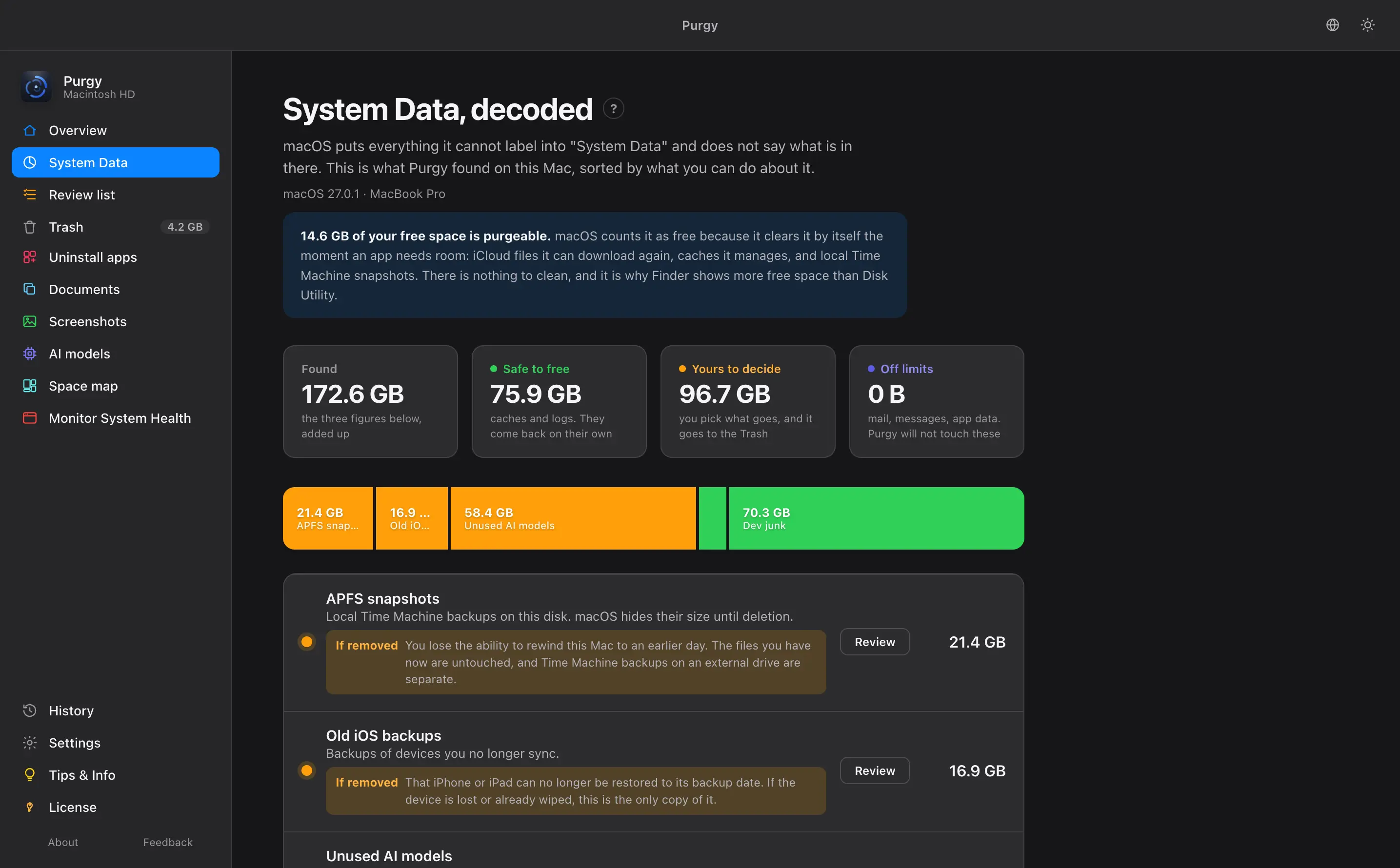 System Data decoded into measured, safe to free, free after review, and your locked data