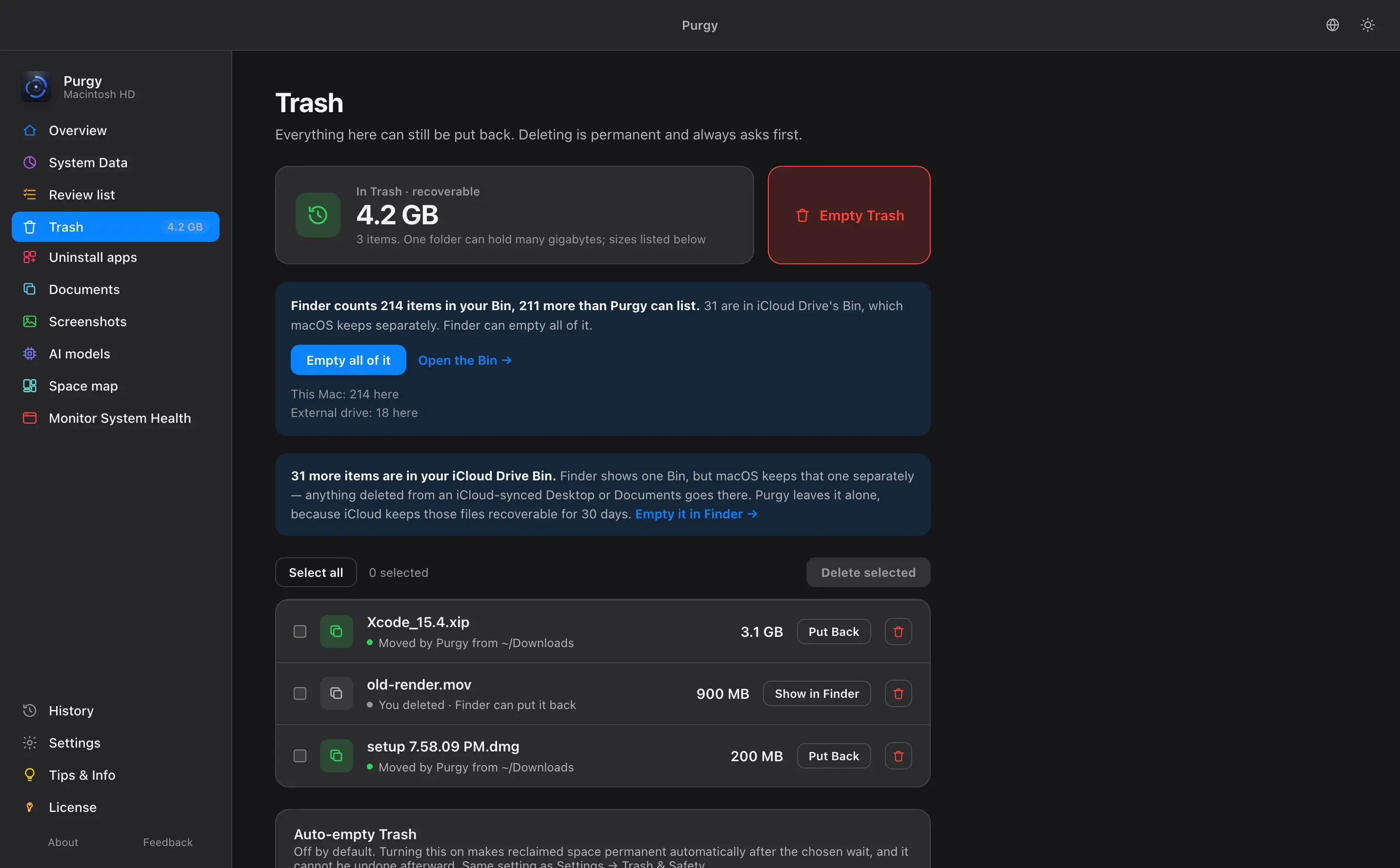 Trash screen with recoverable items and the auto-empty setting