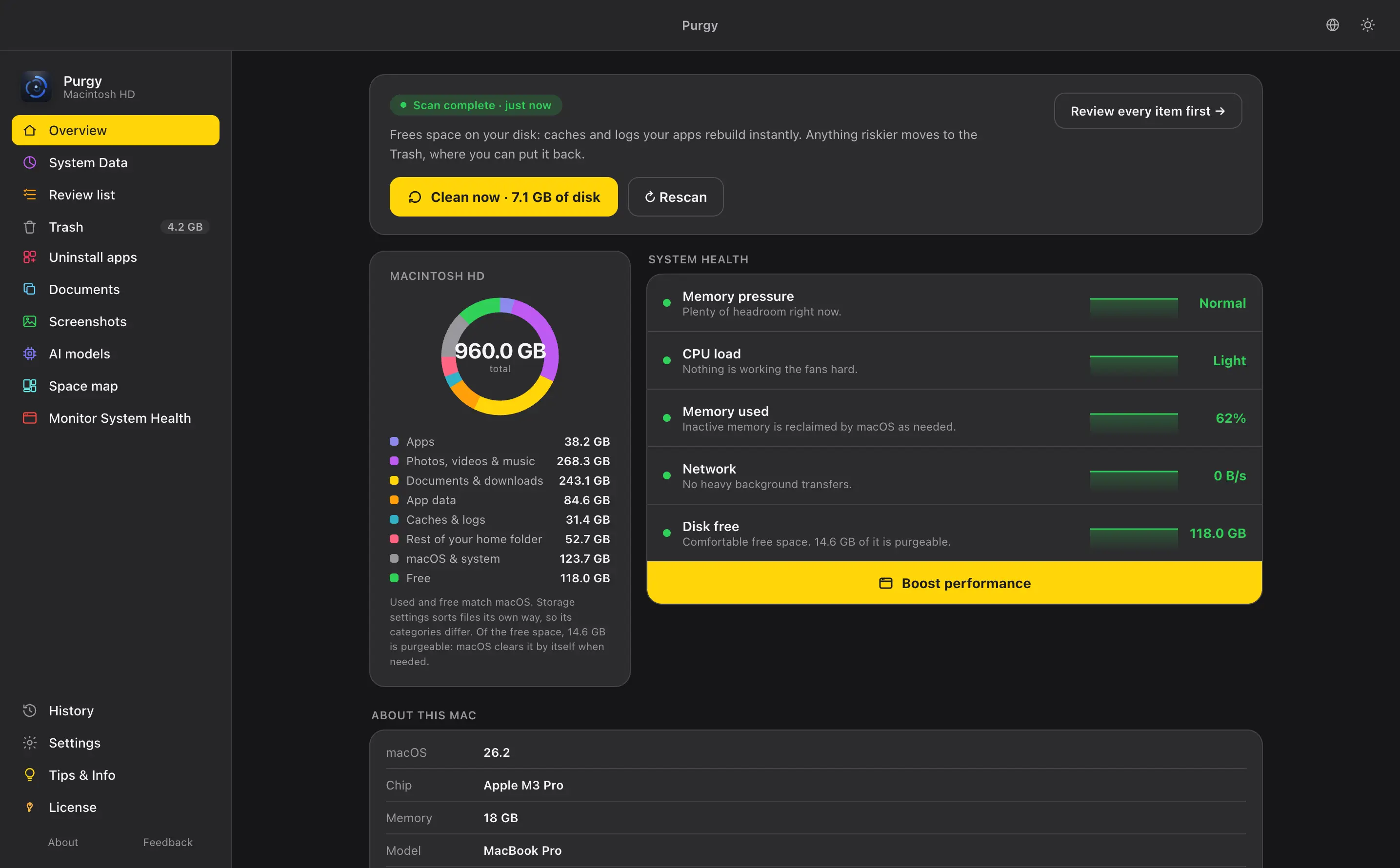 Purgy's Overview in dark mode with the yellow accent colour