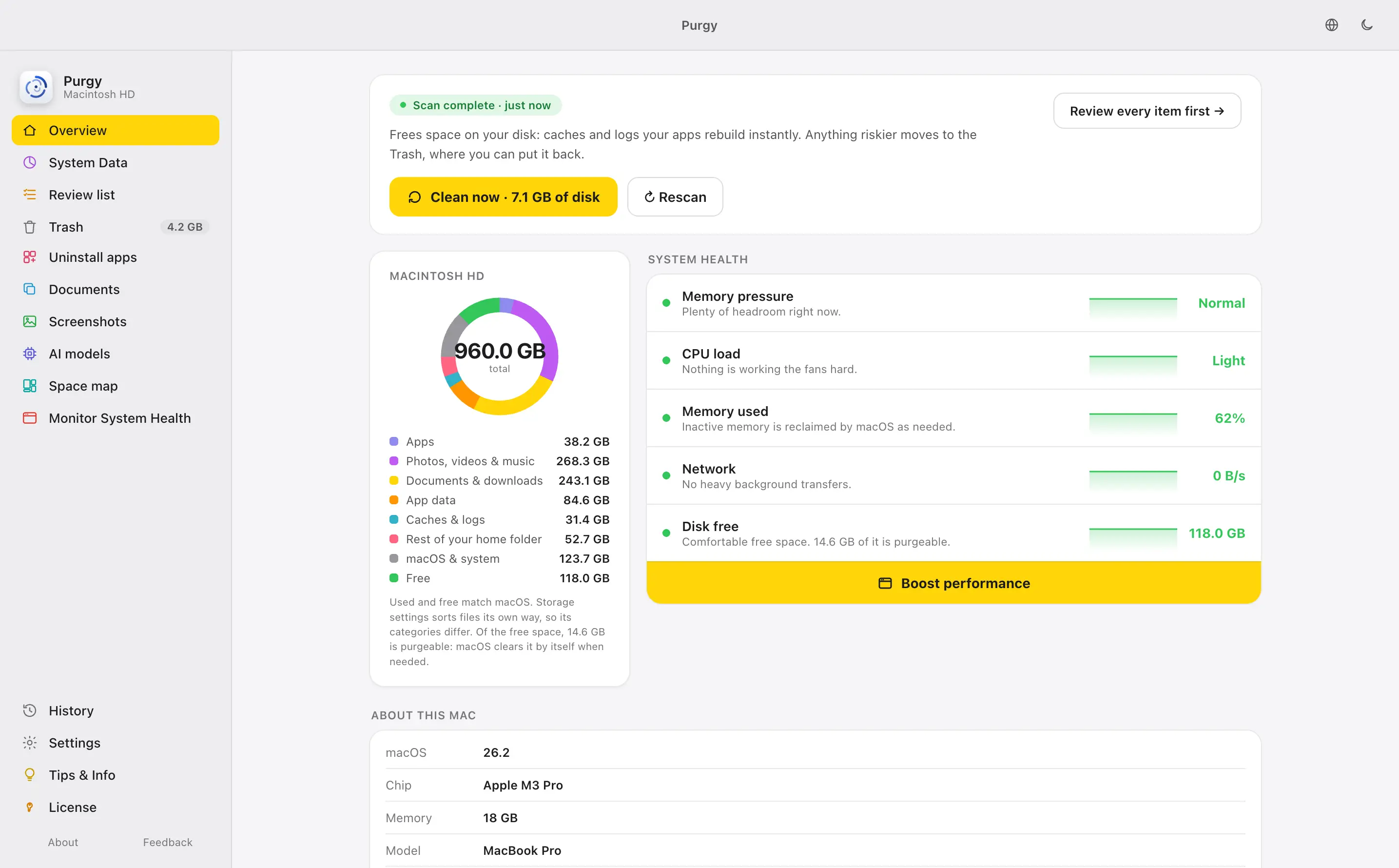 Purgy's Overview in light mode with the yellow accent colour