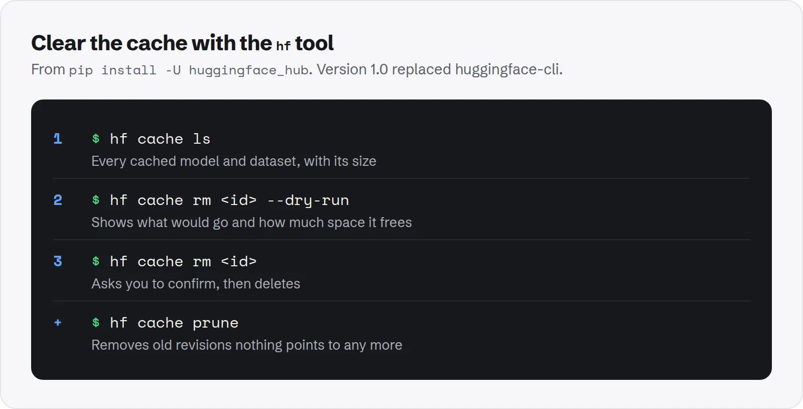 Terminal commands to clear the Hugging Face cache: hf cache ls, hf cache rm with --dry-run, hf cache rm, and hf cache prune
