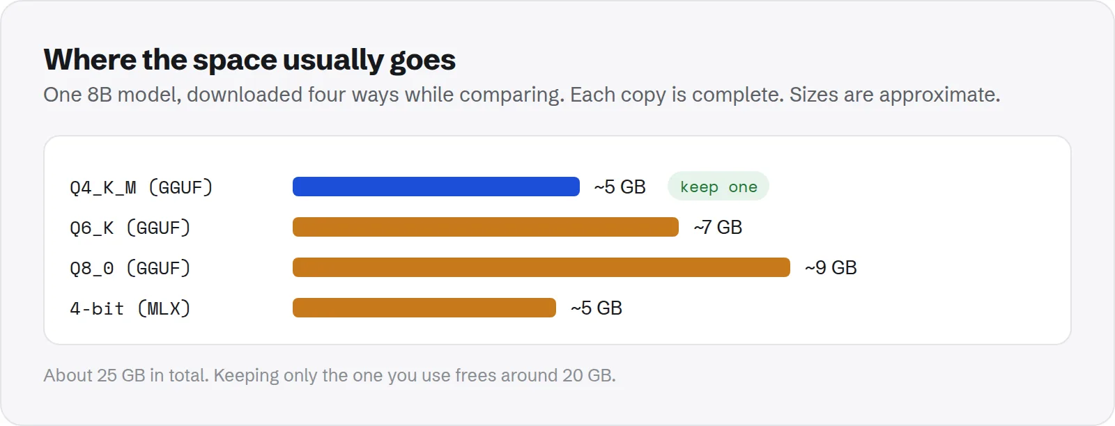 Bar chart of one 8B model downloaded four ways: Q4_K_M about 5 GB, Q6_K about 7 GB, Q8_0 about 9 GB and MLX 4-bit about 5 GB, about 25 GB in total